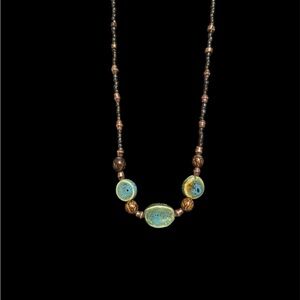 Elegant Beaded Necklace with Blue and Gold Accents 11.5"